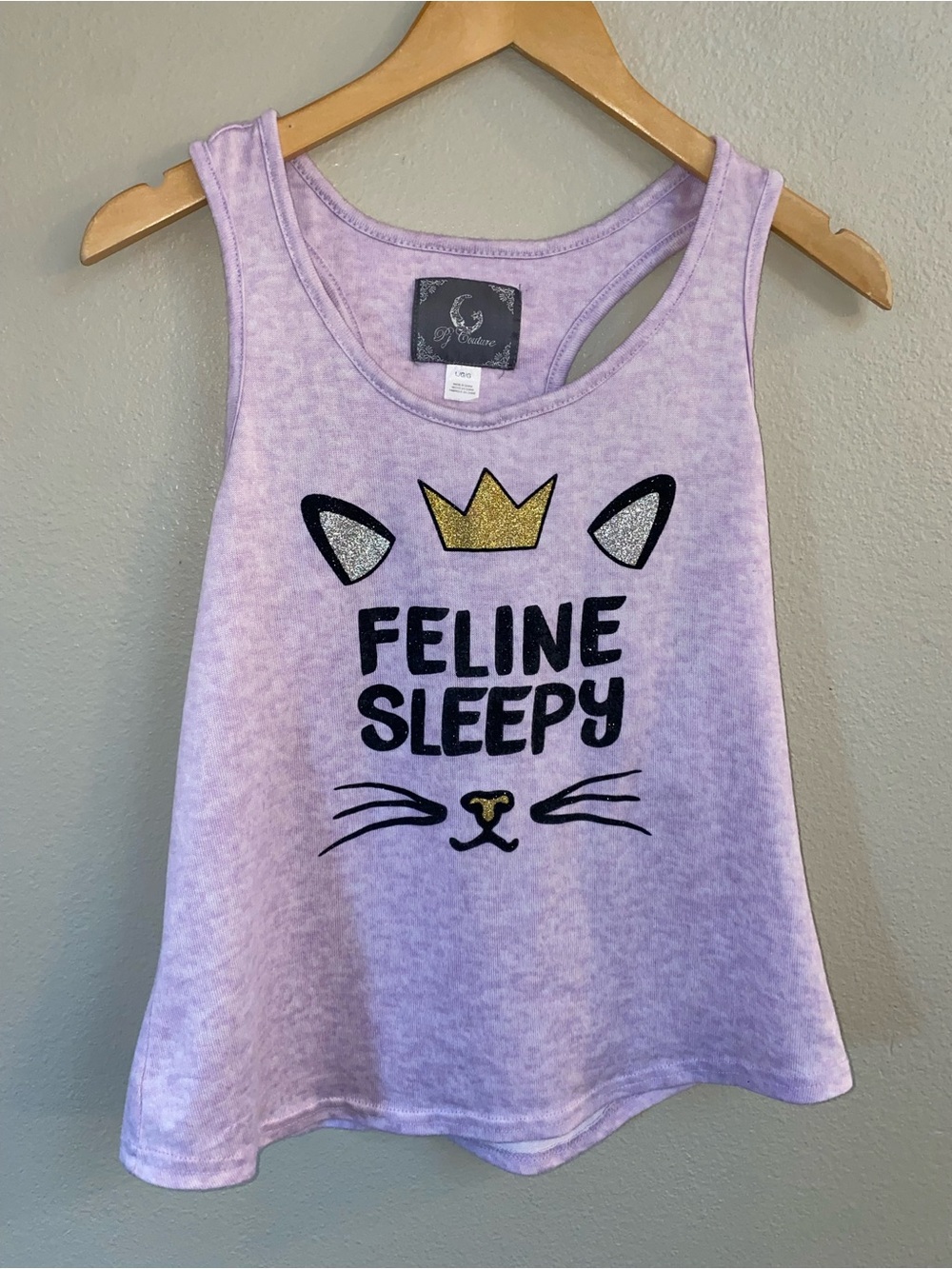 PJ Couture "Feline Sleepy" Cat Pajama Tank Top Lavender Size Large